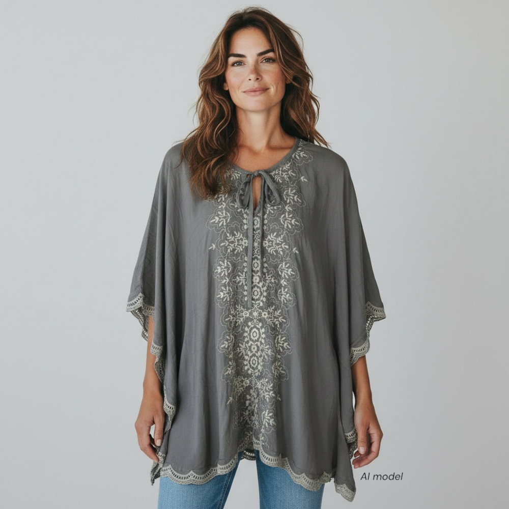 Johnny Was Shirt Womens Medium Gray Embroidered Scallop Flowy Poncho Boho Gypsy